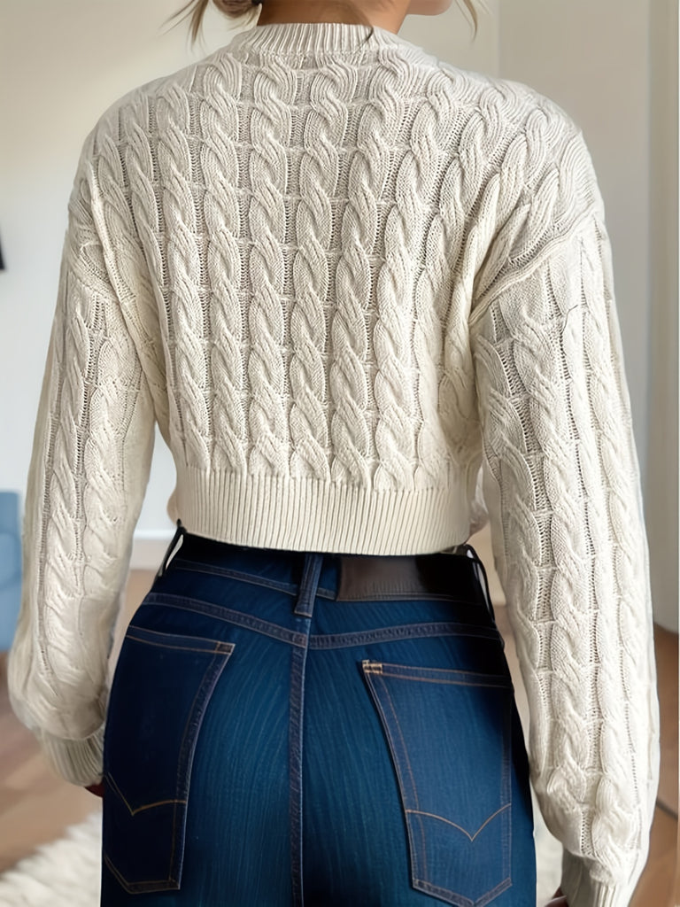kkboxly  Cable Knit Crop Sweater, Long Sleeve Casual Sweater, Women's Clothing