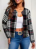 kkboxly  Plus Size Classic Coat, Women's Plus Houndstooth Print Open Front Long Sleeve Medium Stretch Jacket