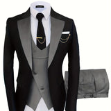 kkboxly  Formal 3 Pieces Set, Men's One Button Suit Jacket & Vest & Pants Suit Set For Business Dinner Wedding Party