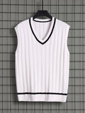 kkboxly  Loose Fit High Stretch Knitted Sweater Vest, Men's Casual Vintage Style V Neck Pullover Cardigan Vest For Fall Winter