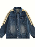 kkboxly  Men's Stylish Stripe Pattern Comfy Denim Jacket With Pockets, Casual Breathable Lapel Button Up Long Sleeve Top For City Walk Street Hanging Outdoor Activities