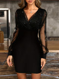 2025 kkboxly  Solid Sequin Stitching Lace Long Sleeve Dress, Elegant Mesh Slim Sexy Party Dress, Women's Clothing