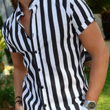 kkboxly  Men's Casual Stripe Mismatch Pattern Mandarin Collar Short Sleeve Shirt, Male Hawaiian Shirt For Summer