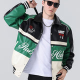 kkboxly  Men's Stylish Color Matching Embroidery Pattern Jacket With Pockets, Casual Breathable Button Up Baseball Collar Long Sleeve Jacket For Spring Fall