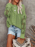 kkboxly  Contrast Lace Eyelet Knit Sweater, Casual Crew Neck Long Sleeve Sweater, Women's Clothing