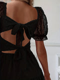 kkboxly  Tie Back Ruched Dress, Elegant Puff Sleeve Solid Dress, Women's Clothing