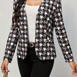 kkboxly  Houndstooth Print Blazer, Casual Open Front Long Sleeve Outerwear, Women's Clothing
