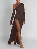 kkboxly  Solid One-shoulder Split Hem Dress, Elegant Long Sleeve Ruffle Trim Slim Dress For Party & Banquet, Women's Clothing