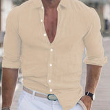 Men's Shirt Top Cotton & Linen Blend Turn-Down Collar Long Sleeves Closure Regular Fit Solid Color Male Casual Shirt For Daily
