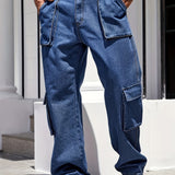 Cotton Blend Men's Multi-pocket Cargo Denim Long Pants For All Seasons Outdoor, Street Style