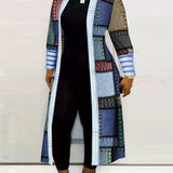 kkboxly  Plus Size Colorblock Longline Coat, Women's Plus Slight Stretch Casual Trench Coat
