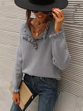 kkboxly  Solid V Neck Button Ruffle Hem Pullover Sweater, Casual Long Sleeve Sweater For Fall & Winter, Women's Clothing