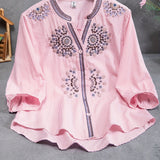 kkboxlyStand Collar Button Front Blouse, Elegant 3/4 Sleeve Blouse, Women's Clothing