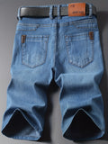 kkboxly  Washed Cotton Blend Denim Shorts, Men's Casual Street Style Distressed Mid Stretch Denim Shorts For Summer