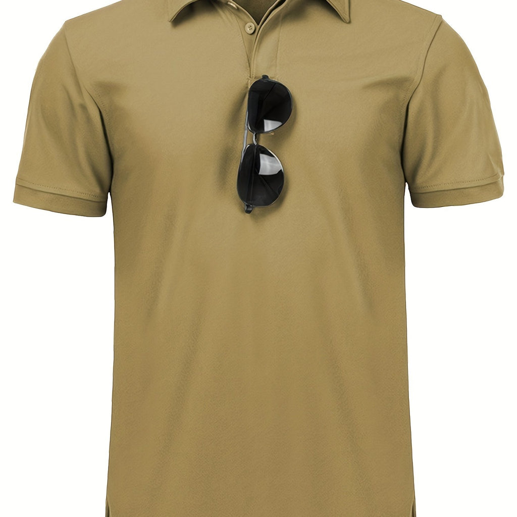 kkboxly  Men's Solid Polo Shirt, Athleisure Moisture Wicking Slightly Stretch Button Up Short Sleeve Clothing For Golf Sports Summer