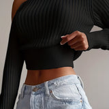 kkboxly  Ribbed Asymmetrical Neck Knit Crop Sweater, Sexy Cold Shoulder Long Sleeve Pullover Sweater, Women's Clothing