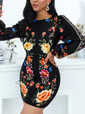 kkboxly  Floral Print Bodycon Dress, Vintage Back Cut Out Crew Neck Long Sleeve Dress, Women's Clothing