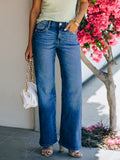 kkboxly  Plus Size Casual Jeans, Women's Plus Solid Button Fly High Rise Medium Stretch Wide Leg Jeans