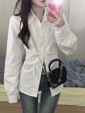 kkboxly  Solid Cross Tie Blouse, Casual Long Sleeve Blouse For Spring & Fall, Women's Clothing