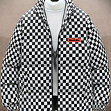 kkboxly  Men's Stylish Checkered Puffer Coat With Pockets, Casual Breathable Stand Collar Zip Up Long Sleeve Warm Top For City Walk Street Hanging Winter Outdoor Activities
