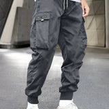 ''NEW VISION'' Tag Men's Cargo Pants With Flap Pockets, Loose Trendy Overalls