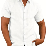 kkboxly  Men's Shirt Top, Linen & Cotton Blend, Turn-Down Collar Button Up Short Sleeves Lapel Closure Regular Fit Male Casual Shirt For Daily