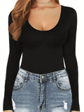 kkboxly  Solid Long Sleeve Bodysuit, Sexy Scoop Neck Slim One Piece Bodysuit For Spring & Fall, Women's Clothing