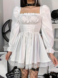 kkboxly  Lace Up Square Neck Flared Dress, Gothic Lolita Ruffle Trim Lantern Dress, Women's Clothing