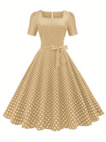 kkboxly  Polka Dot Bow Front Dress, Vintage Elegant Square Neck Short Sleeve Dress, Women's Clothing