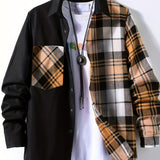kkboxly  Stylish Collage Chest Pocket Plaid Pattern Casual Long Sleeve Button Up Shirt, Men's Clothes For Spring Summer Fall Outdoor