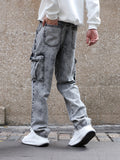 kkboxly  Loose Fit Flap Pocket Jeans, Men's Causal Street Style Cargo Jeans For All Seasons