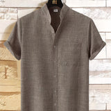kkboxly  Casual Linen Men's Stand Collar Short Sleeve Shirt With Chest Pocket, Solid Color Men's Shirt For Summer Outdoor, Gift For Men