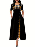 2025 kkboxly  Plaid Print Splicing Dress, Casual Crew Neck Short Sleeve Summer Asymmetrical Dress, Women's Clothing