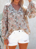 kkboxly   Floral Print Long Sleeve Blouse, V Neck Random Print Casual Top, Women's Clothing