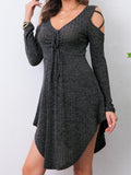 kkboxly  Cold Shoulder Drawstring Dress, Casual V Neck Long Sleeve Mini Dress, Women's Clothing