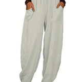 kkboxly  Solid Elastic Waist Pants, Casual Long Length Versatile Pants With Pockets, Women's Clothing
