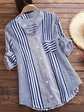 kkboxly  Plus Size Casual Blouse, Women's Plus Stripe Print Button Up Roll Up Sleeve Stand Collar Round Hem Slight Stretch Blouse