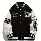kkboxly Loose Fit Varsity Jacket, Men's Casual Color Block Button Up Jacket For Spring Fall School Baseball