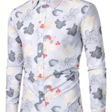 kkboxly  Men's Casual All Over Print Shirt Long Sleeve Turndown Collar Blouse Shirt