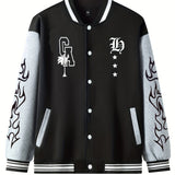 kkboxly  Warm Letter Print Star Pattern Embroidery Varsity Jacket, Men's Casual Color Block Button Up Jacket For Spring Fall School Baseball