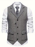 kkboxly  Men's Retro Herringbone Pattern Vest, Chic Lapel Single Breasted Dress Waistcoat For Business Banquet
