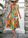 kkboxly  Leaves Print Shirred Waist Dress, Vacation Surplice Neck Short Sleeve Summer Dress, Women's Clothing