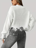 kkboxly  Distressed Raw Hem V Neck Knitted Top, Casual Long Sleeve Crop Pullover Sweater For Spring & Fall, Women's Clothing