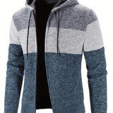 kkboxly  Color Block Hooded Cardigan Jacket, Men's Casual Stylish Slightly Stretch Zip Up Sweater For Spring Fall