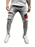 Slim Fit Ripped Cotton Jeans, Men's Casual Street Style Paint Splatter Chain Decor Distressed Mid Stretch Denim Pants For Spring Summer