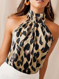 kkboxly  Leopard Print High Neck Blouse, Sexy Sleeveless Ruched Blouse, Women's Clothing