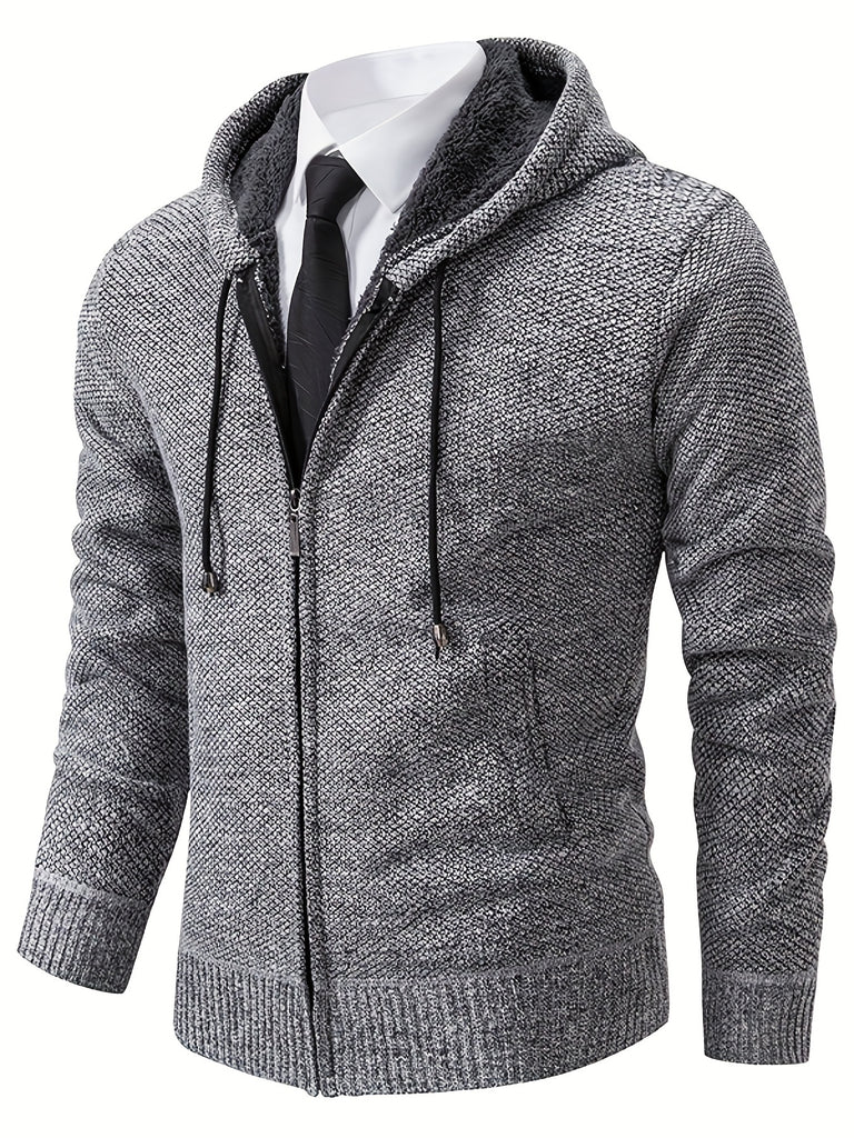 kkboxly  Men's Fleece Hooded Knitted Coat, Autumn And Winter Solid Color Fashion Top