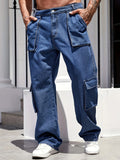 Cotton Blend Men's Multi-pocket Cargo Denim Long Pants For All Seasons Outdoor, Street Style