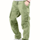 kkboxly  Men's Drawstring Multi-Pocket Heavyweight 100% Cotton Cargo Pants, Casual Pants, Straight Leg Pants, Men's Everyday, Outdoor Bottoms, Tactical Trousers