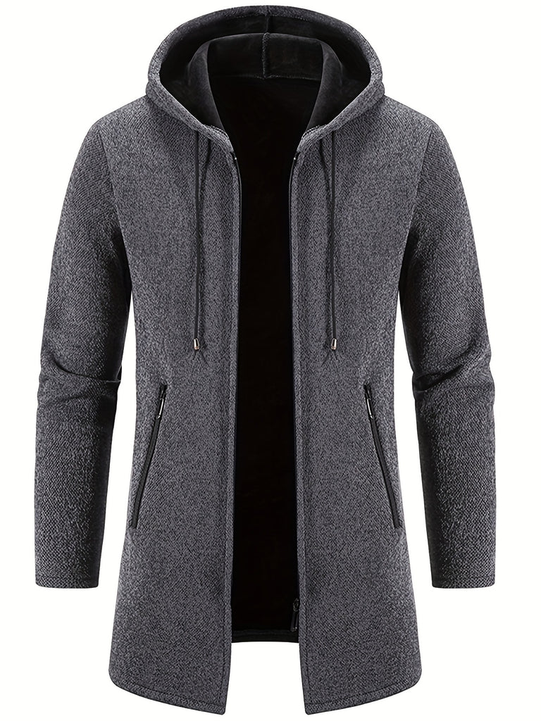 kkboxly  Warm Mid-length Hooded Fleece Coat, Men's Comfortable Solid Color Zip Up Knitted Cardigan For Spring Fall